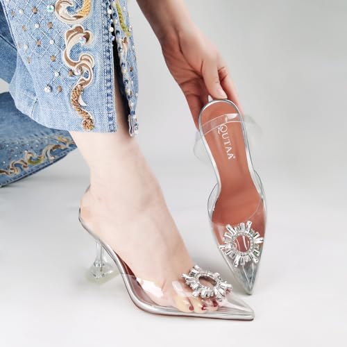 Women Clear Heels Shoes Pointed Toe Slingback High Heel Sandals Crystal Rhinestones Party Wedding Pumps Shoes4