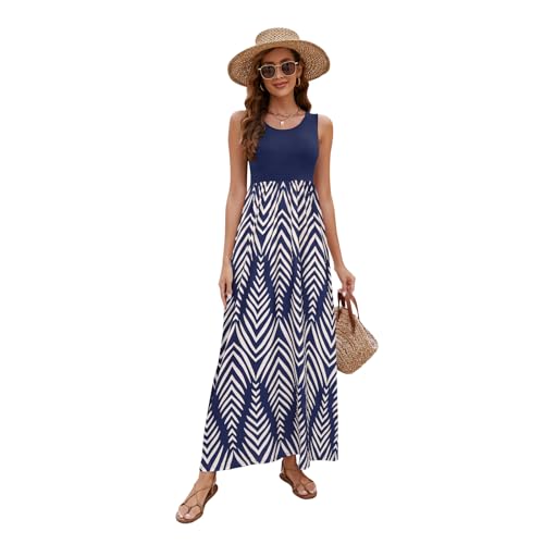 Image of Sherosa Women Boho Chevron Striped Floral Printed Summer Sleeveless Tank Long Maxi Party Dress