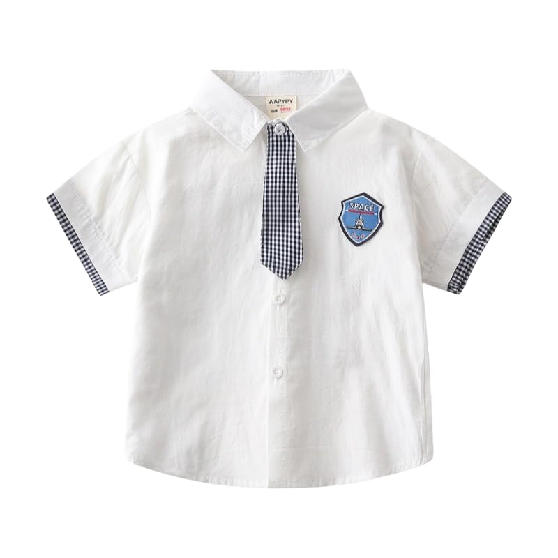 Toddler Children's Cute Print Baby Boys and Toddler Boys Short Sleeve Summer Tops Button Down Striped Tie Shirt (White,5 Years)