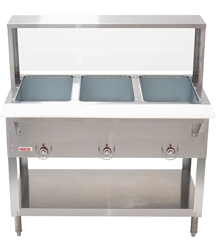Kratos Commercial Electric Steam Table/Hot Food Table with Overshelf and Sneeze Guard, 3 Wells, Stainless Steel, Stationary, NSF, 120V (28W-192)