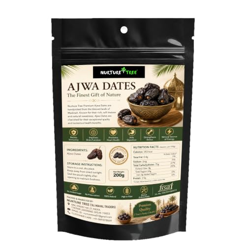 Image of Nurture Tree Premium Saudi Ajwa Dates (Khajoor /Khajur) 200gm, 100% Natural Soft and Delicious Arabian Dates in Fresh, Khajur Dry Fruits, No Artificial Colours, Gluten Free, No Added Sugars