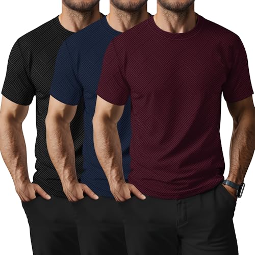 Ficerd 3 Pack Men's Cotton T Shirts Casual Short Sleeve Tops Crew Neck Texture Knit Blouse Fitted Summer Tee2