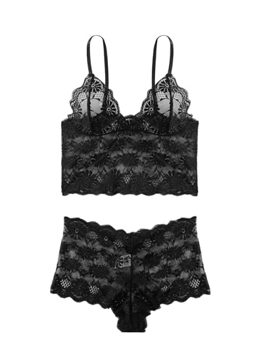 Image of Lilosy Sexy Sheer Floral Lace Pajamas Lingerie Set High Waist Sleepwear Bra and Panty 2 Piece Nightwear