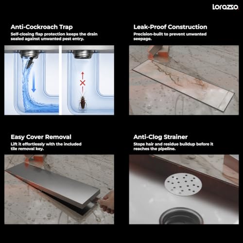 Image of Lorazzo Linea Tile-Insert SS304 Shower Drain Channel 12x4 Inch | Built-in Cockroach Trap | Stainless Steel Floor Drain | Silver Finish | Bathroom Shower Drain | 10 Year Warranty