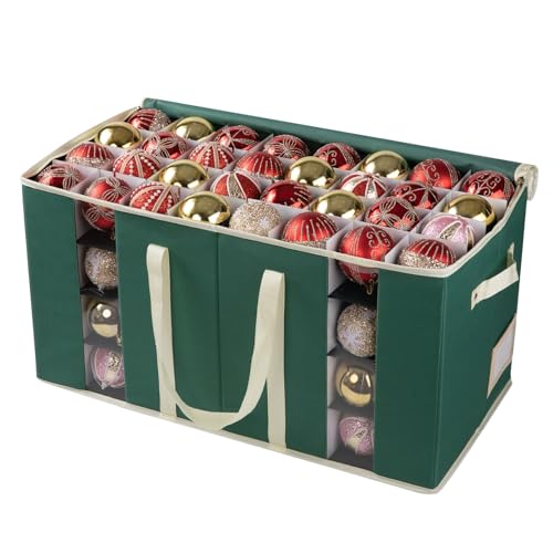 OIAHOMY Christmas Ornament Storage Box with Adjustable Dividers, Ornament Storage Containers Fits 128 Holiday Ornaments 3-Inch, 600D Oxford Fabric Ornament Organizer for Decorations Accessories, Green