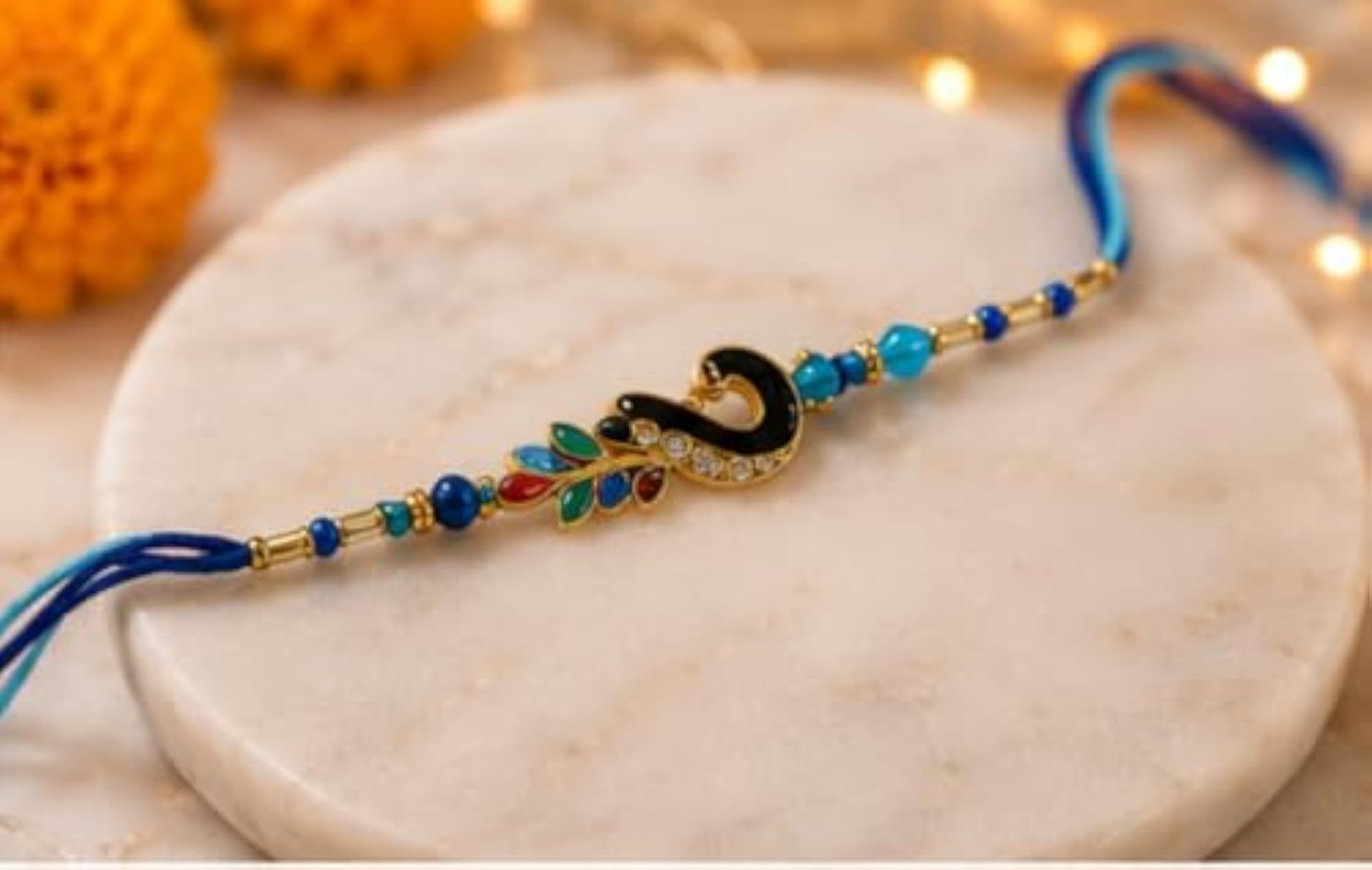 Meenakari Peacock Feather Rakhi with Roli Chawal