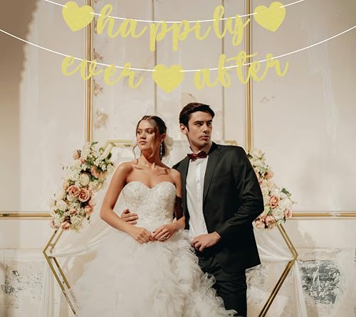 Image of Pre-Strung Happily Ever After Banner - Gold Glitter Bachelorette Bridal Engagement Party Decoration Supplies, Bachelorette Wedding Party Banner for Engagement, Bridal Shower, Wedding Party Photo Booth Props
