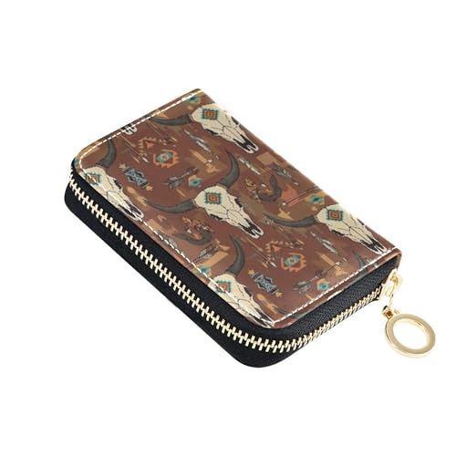 9 Credit Card Slots & 2 Cash Slots Leather Womens Wallet Small Travel Cash Wallet with Coin Pocket Western Boho Bull Ram Skulls