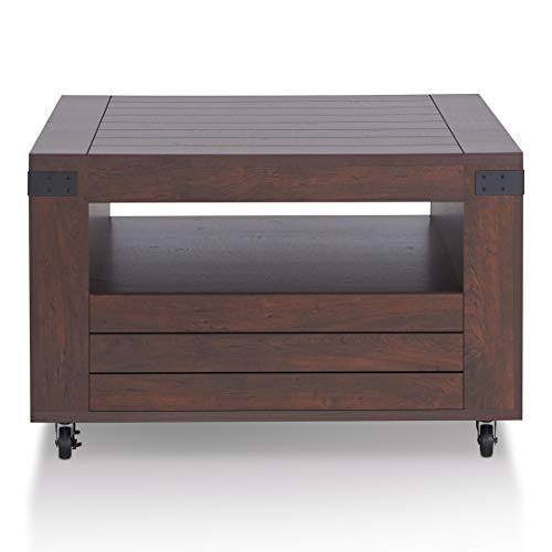 Iohomes Clyde Industrial Wood Coffee Table With Caster Wheels, Vintage Walnut #TOP6