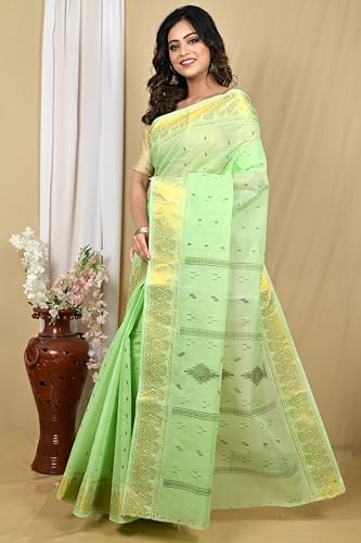 Image of eC ESHA'S COLLECTION Women's Kerala Cotton Floral Motif Printed Zari Bordered Tant Saree Without Blouse Piece