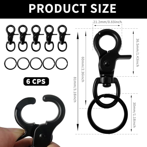 Hevysuo 6Pcs Swivel Clasps Lanyard Snap Hooks 60mm & 6Pcs Key Ring,Zinc Alloy Lobster Clasps for Linking Pet Collar Bag Strap Keys Organization,Black - Image 2