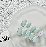 Press On Nails False Nail Coffin Nail Mint Green Tone with Rainbow Accents Laser Style (Mint Green, M)