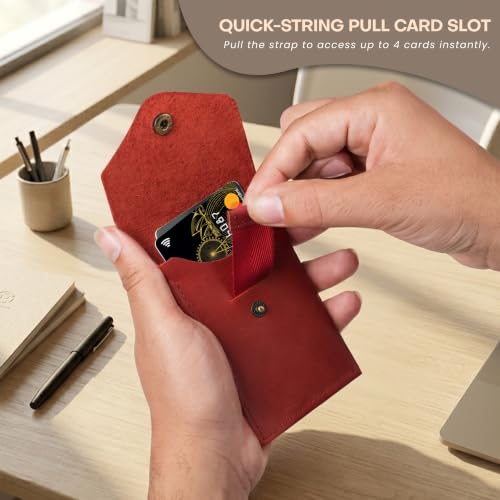 Image of The Wallet Store Flip Genuine Leather Vertical Slim Wallet for Men | Pull-String Quick Card Access | Compact Front Cash Pocket & Button Lock | Minimalist Travel & Daily Carry Wallet (Red)