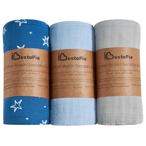 Image of IBESTOPIA 3-Pack 100% Cotton Muslin Swaddle Blankets, Large 47 x 47 Inches — Breathable Soft Receiving Blankets for Newborns, Swaddling Wraps, Registry Gift (Bold Blue Mix)