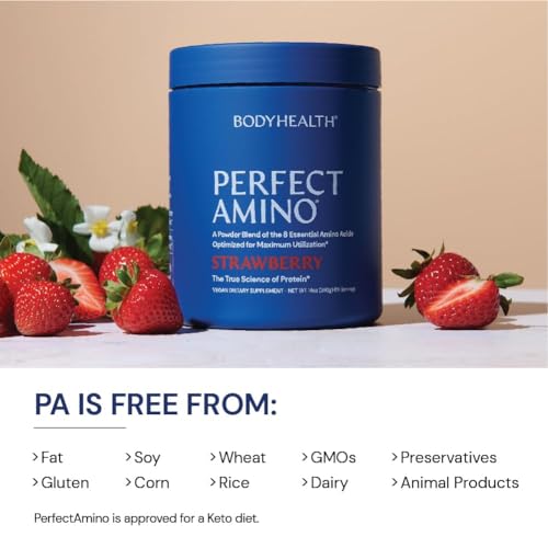 Image of BodyHealth PerfectAmino Powder - BCAA and EAA Powder for Pre and Post Workout - Amino Acid Energy Drink for Men and Women to Support Lean Muscle and Recovery - Strawberry - 60 Servings