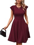 MSLG Banquet Dresses for Women Fit and Flare Ruffle Short Sleeves Work V-Back Cocktail Evening Party A Line Dress with Pockets 842 L Burgundy