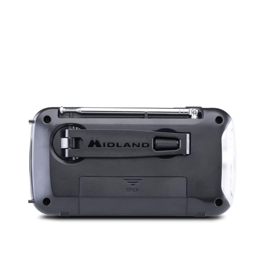 Midland ER100 C1665 - Radio d'urgence AM/FM, Panneau Solaire et Dynamo Rechargeable, Lampe, Port Micro USB, USB-A, autonomie de 25 Heures Maximum