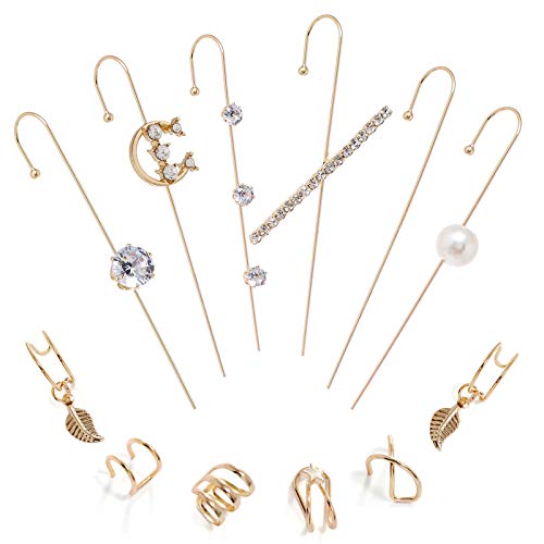 12Pcs Ear Wrap Crawler Hook Earrings For Women Girls Climbers Piercing Cartilage Earrings Unique Set Cubic Zirconia Cuff Earrings Jewelry (Gold Set-A)