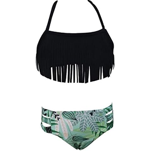 Echinodon Girls' bikini set, halterneck swimsuit with fringes, children's two-piece swimwear. - Black - 10 Years Cover