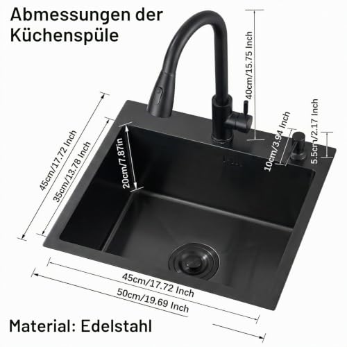 Multifunktionale Küchenspüle, Schwarz, mit ausziehbarem Hahn, 2 Sprühmodi, Seifenspender, Abtropffläche, einziehbar, Spüle aus Edelstahl, 50 x 45 x 20 cm, Spüle, 1 Becken