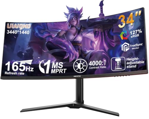 Image of 34 Inch Curved Gaming Monitor, 21:9 WQHD 3440x1440 165Hz 1500R Ultrawide Computer Screen, 1ms(MPRT) FreeSync, 100% sRGB, PBP, HDMI 2.0 & DP 1.4, VESA 75x75mm, Tilt & Swivel for Office Work&Gaming