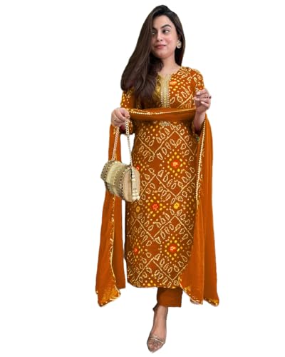 Image of GoSriKi Viscose Printed Straight Kurta with Pant and Dupatta for Women | Viscose Wine | 3 /4 Sleeve | Round Neck V-Slit | Ethnic Wear Casual Wear