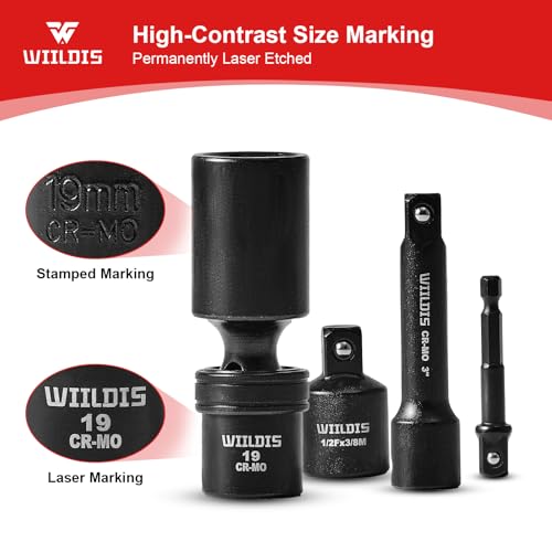 Image of WIILDIS 14 Pieces 3 /8 inch Drive Swivel Socket Set, Deep Universal Impact Socket Set, Metric(10-19mm) Flexible Magnetic Wobble Socket Set, 6 Point, CR-MO, 3 inch, 6 inch Extension Bars, Socket Adapter