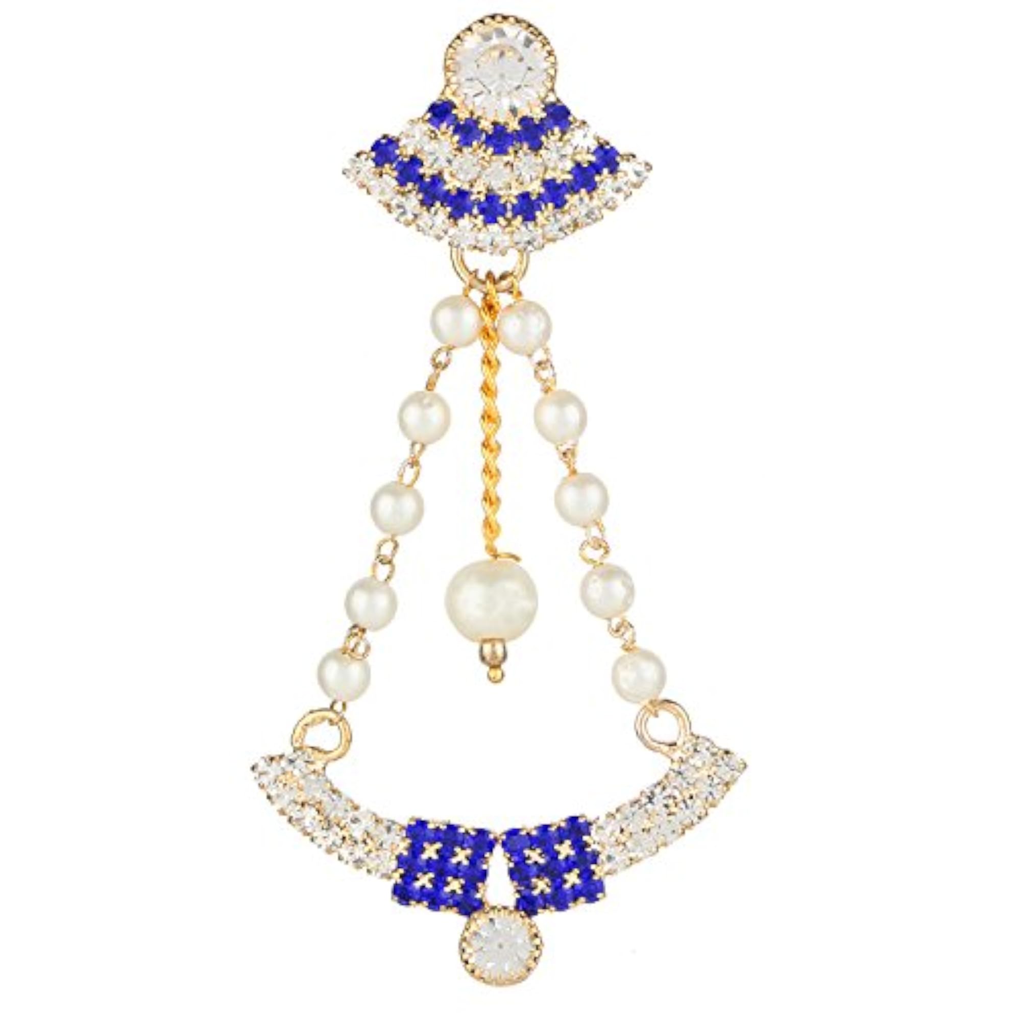Vintage Blue and Gold Rhinestone Brooch with Pearl Chains, Timeless Charm