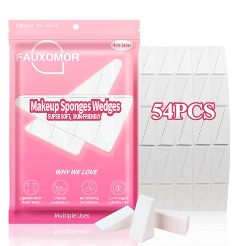 Fauxomor 54 Piezas Esponjas de Maquillaje Sin Látex, Cuñas Esponja de Mezcla Triangulares para Todo Tipo de Piel, Ideales para Base Líquida, Polvo, Protección Solar, Crema, Uñas y Viajes