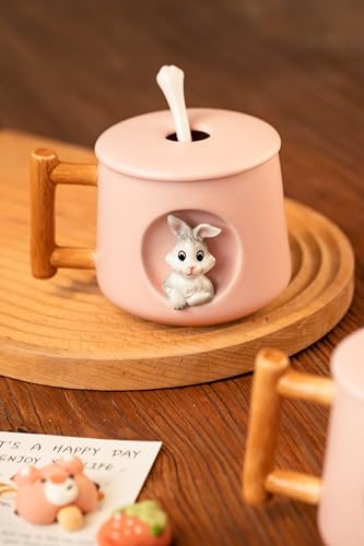 Image of DIHOclub Adorable 3D Ceramic Rabbit Mug with Lid and Spoon Perfect for Coffee, Tea, Milk, and More - Ideal Gift for Bunny Lovers - 14 Ounces (Pink)