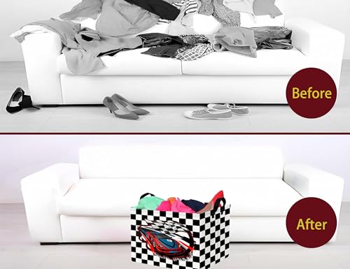 Image of Large Boys Checkered Basket Canvas Kids Toy Storage Bin Nursery Baby Organizing Decor (Check Racing Car)