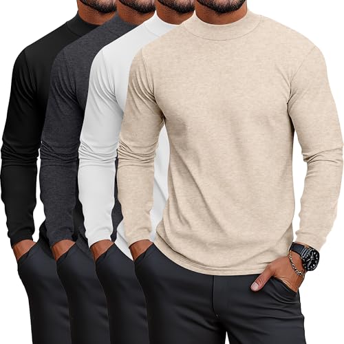 Neer 4 Pack Men's Mock Neck Shirts, Long Sleeve Turtleneck Pullover Tops Slim Fit Casual T Shirts Lightweight Basic Sweaters