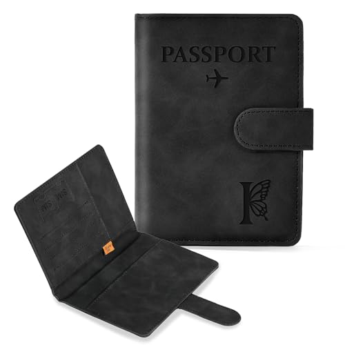 COSHAYSOO Initial RFID Passport Cover for Women Passports Book Holder Case Air Travel Essentials Airplane Flight Accessories Airline Plane Flying Must Haves Traveler Gifts Butterfly Letter Black I
