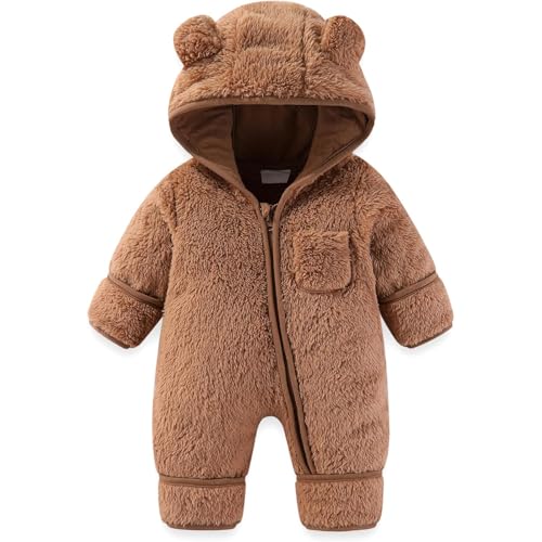 Newborn Bear Onesie Warm Casual Unisex Baby Hooded Bodysuit Winter Snowsuit Fleece Jumpsuit, 03-Brown