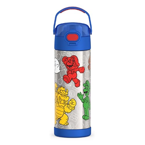 THERMOS FUNTAINER 16 Ounce Stainless Steel Vacuum Insulated Bottle with Wide Spout Lid, Mario