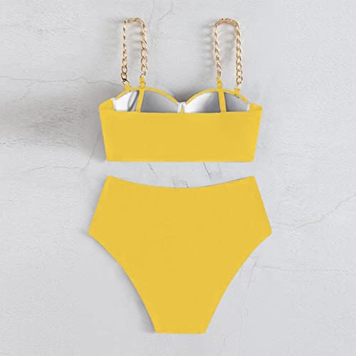Womens Bikini Sets High Waisted Two Piece Swimsuits Solid Color Halter Swimwear Swimsuits Bikini With Underwire Support Yellow #TOP6