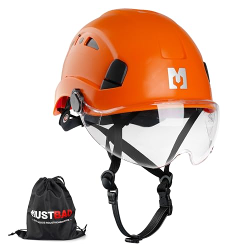 Mustbau Casco de Seguridad para Escalada con Visera Transparente y Correa para la Barbilla, 53-63 cm, Ideal para constructores Que Trabajan en Altura, EN12492 (Naranja)