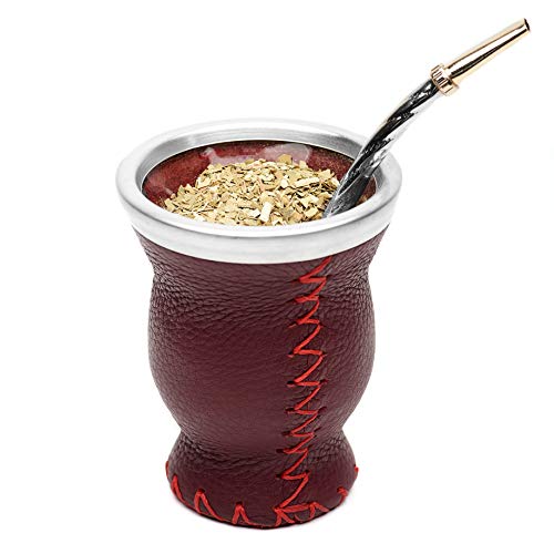 BALIBETOV Nouveau Mate Argentino - Ensemble de Maté recouvert de Cuir (Tasse à maté - Mate Gourde) - Alternative idéale au Maté de calbaza - avec Bombilla (Sorbet) pour Yerba Mate (BOURGOGNE)