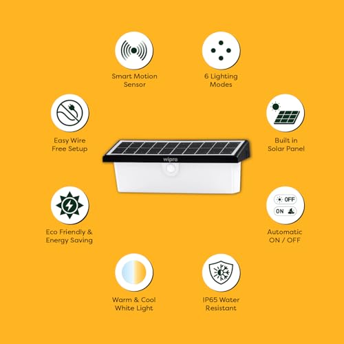 Image of Wipro Garnet Motion Sensor Solar Wall Light SW01 | 6 in 1 modes | Color Changing(Warm & Cool White) | Auto ON (Night) & OFF (Day) | IP65 | Outdoor Light for Home, Balcony, Patio, Stairs, Garden | Pk 1