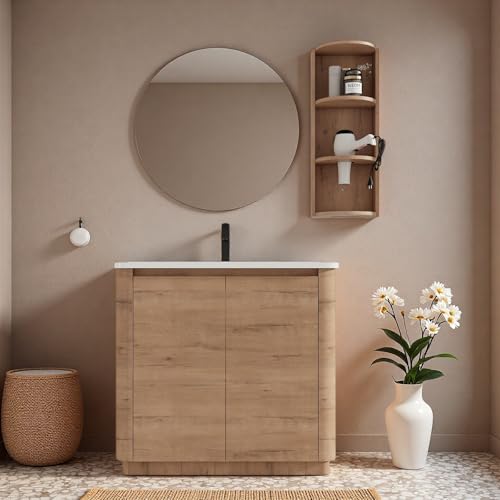 Image of 36 inch Bathroom Vanity with Ceramic Sink, Freestanding Bathroom Vanity with 2-Soft-Close Door, Semicircle Storage Rack & Inside Adjustable Shelves for Home, Farmhouse Floor Mount Vanity, Oak