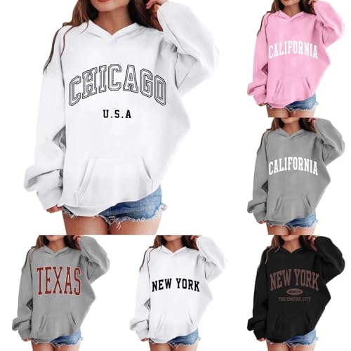 Los Angeles Hoodies For Teen Girls Trendy Y2K Cute Long Sleeve Letter Print Sweatshirts Pullover Tops With Pockets
