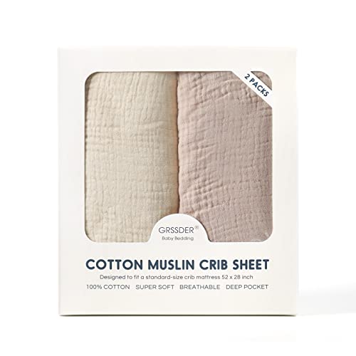 Image of GRSSDER 100% Cotton Muslin Crib Sheet 2 Pack - Breathable & Ultra-Soft Fitted Crib Sheets for Standard Baby & Toddler Mattresses, 52 inchx28 inch with 9 inch Deep Pocket, Snug Fit All-Around Elastic