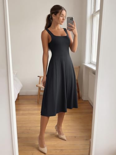 Image of ODODOS Square Neck Midi Dress with Pockets for Women Summer Casual Sleeveless Sundress Flare Tank Dress