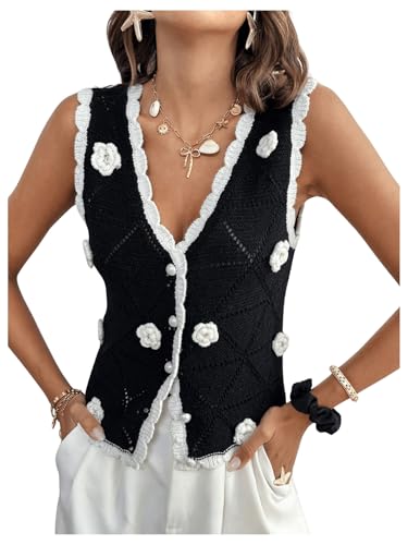 MakeMeChic Women's 3D Flower V Neck Button Down Sweater Vest Sleeveless Scallop Trim Knit Top