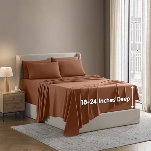Image of Nestl Extra Deep Twin XL Sheet Set - 4 Piece Breathable & Cooling Sheets - Hotel Luxury Bedding Set w /18-24 Inch Deep Pockets - Easy & Secure Fit - Super Soft, Wrinkle Free & Comfy - Rust