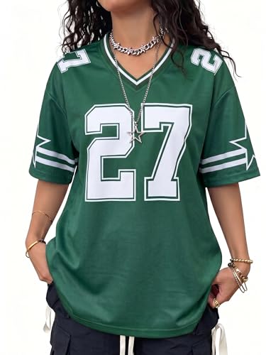 Image of Jersey Shirts for Women Y2k Graphic Tees V Neck Baggy Streetwear Number Oversized T Shirt Summer Tops