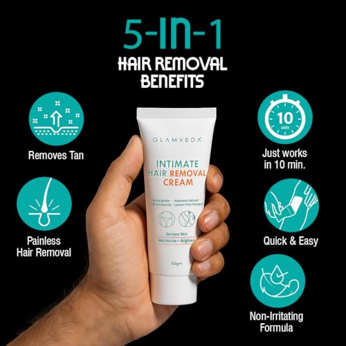Image of Glamveda Intimate Hair Removal Cream for Men 60g | Pubic Hair Removal | Painless, Faster, Soothing | Brighten, Non Irritating | For Sensitive Body Areas | Body Hair Remover | All Skin Type