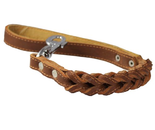 Dogs My Love Brown Leather Braided Dog Short Traffic Leash 16" Long 4-Thong Square Braid For Large Breeds #TOP1
