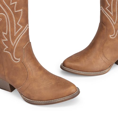 DREAM PAIRS Women's Cowboy Cowgirl Boots Embroidered Pointed Toe Low Heel Western Mid Calf Boot for Theme Party Country Concert,Size 10,Brown,DWUMMB2503