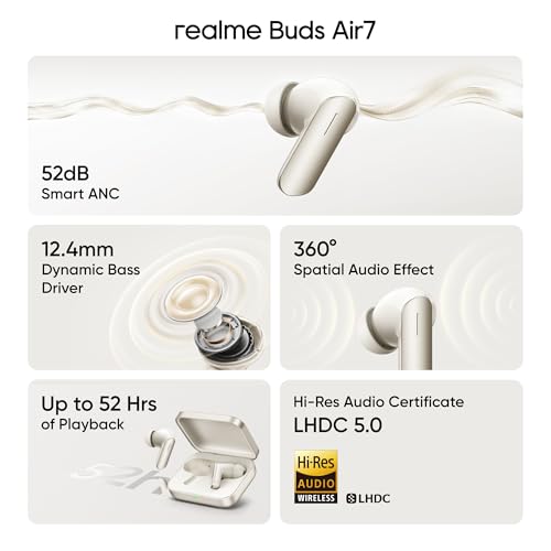 Image of realme Buds Air 7,12.4mm Dynamic Bass Drivers,52Hrs Playtime,52dB Hybrid ANC,6 Mic ENC,45ms Low Latency,360 Spatial Audio,Hi-Res LHDC,IP55 Dust & Water Resistant,True Wireless TWS BT v5.4(Ivory Gold)